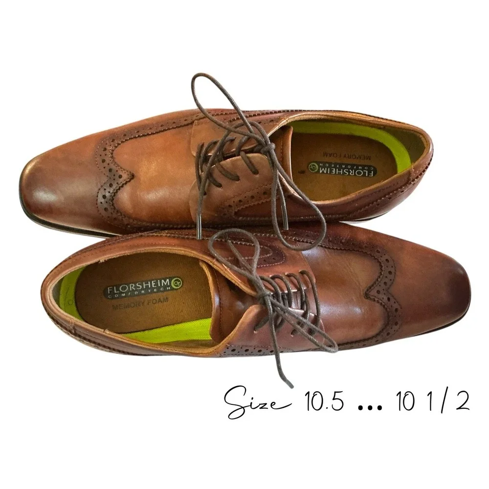 Florsheim Comfortech Memory Foam Mens Size 10.5 Cognac Leather Wingtip Shoes